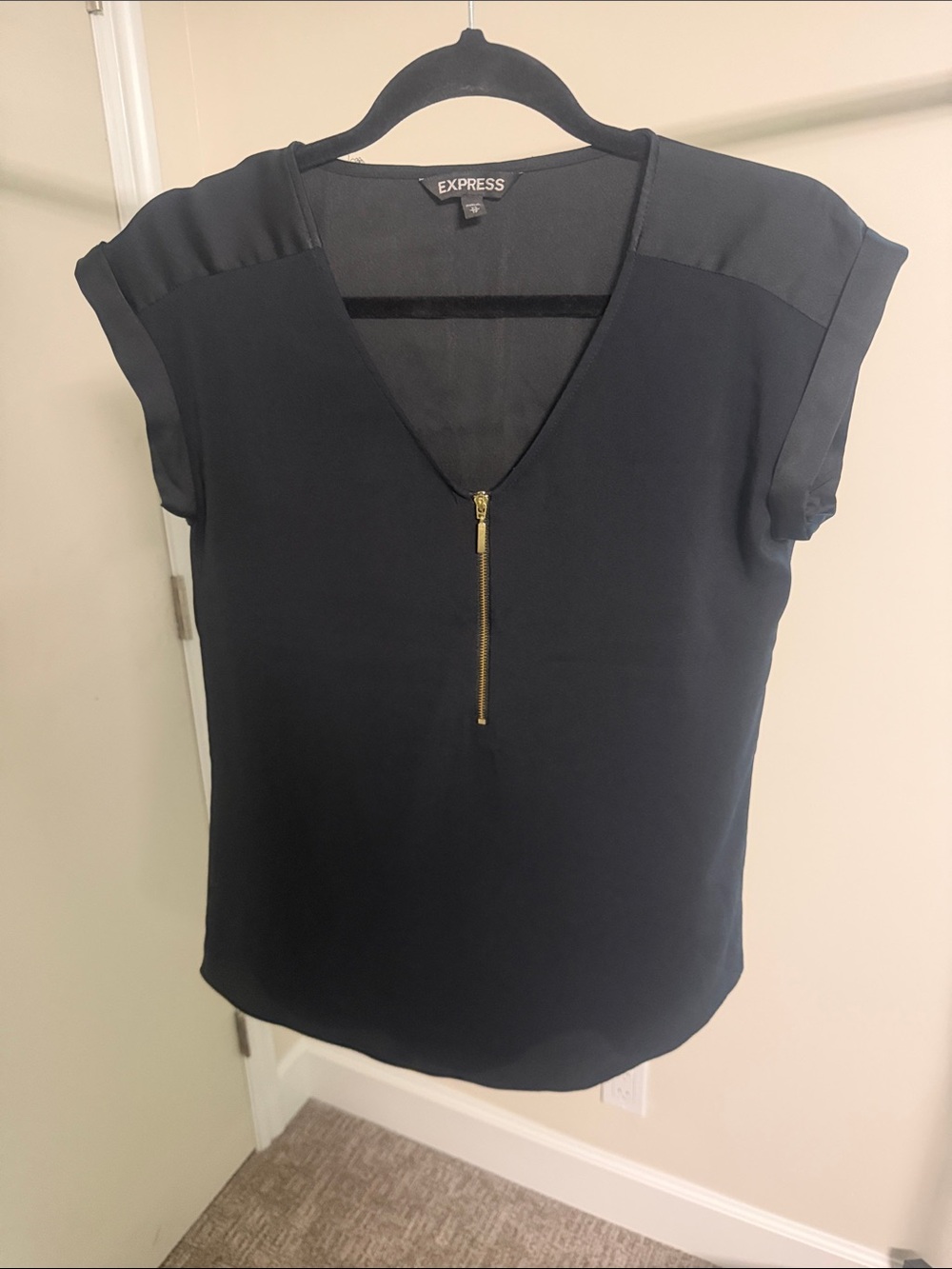 Express Black V-Neck Blouse with Gold Zip